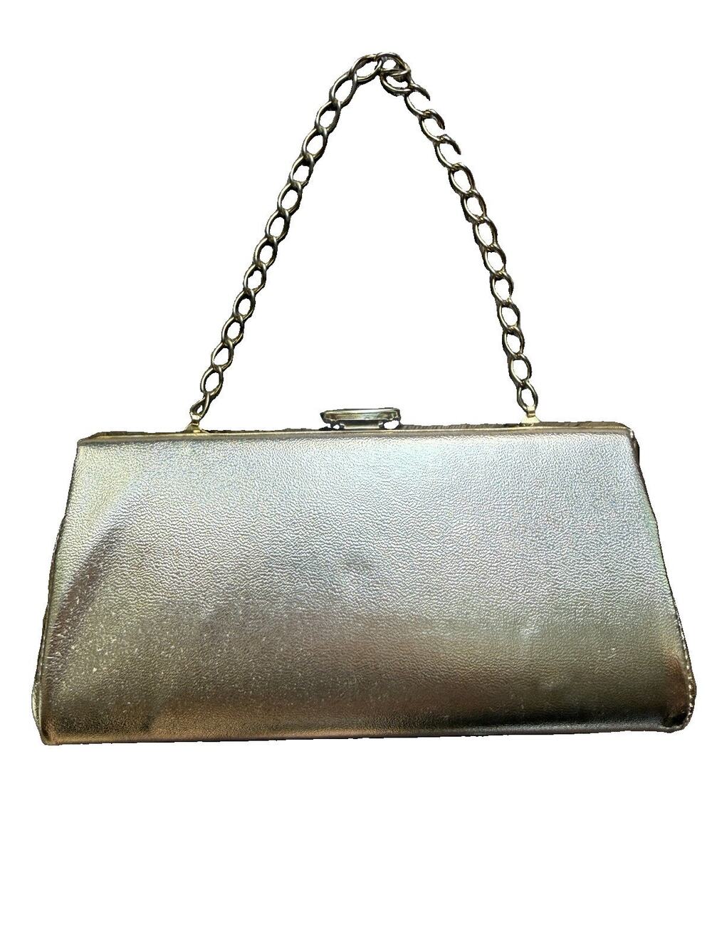 Vintage 1960s Gold Leather Evening Bag Clutch Chain Handle Frame Purse 9” EUC
